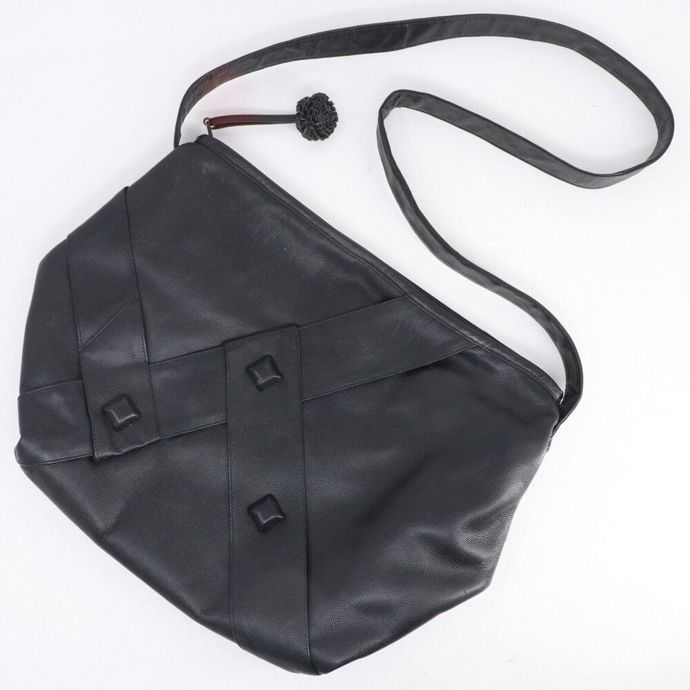 Vtg Sharif Handbag M Black Leather Square Bead Lined Retro Purse Shoulder Bag